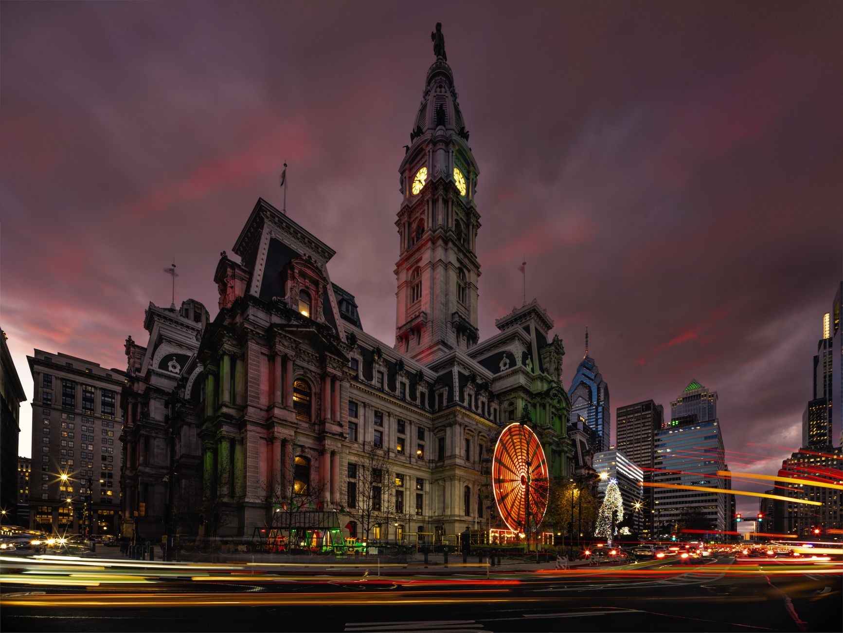 Philadelphia City Hall lit up during the Christmas season with festive lights.